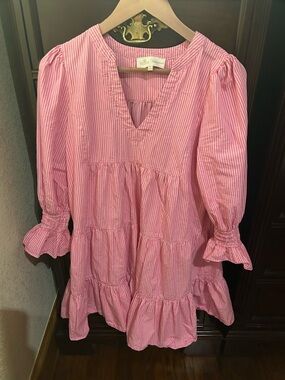 Pink Striped Tiered Smocked Cuff Tunic Dress